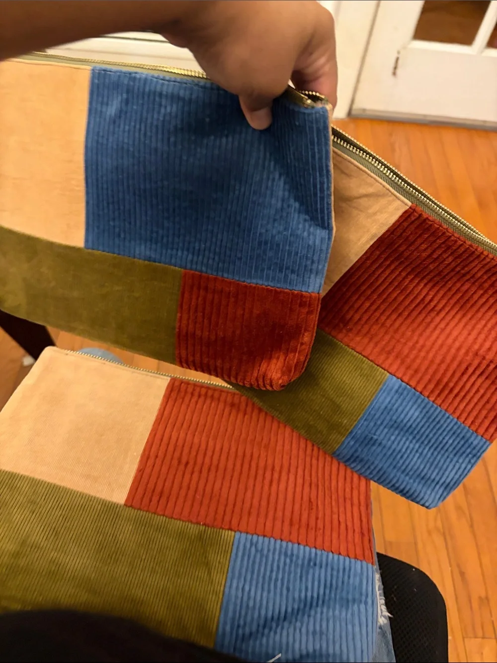 Three availableMulticolor Corduroy Patchwork Wristlet Clutch — Blue, Olive, Rust
